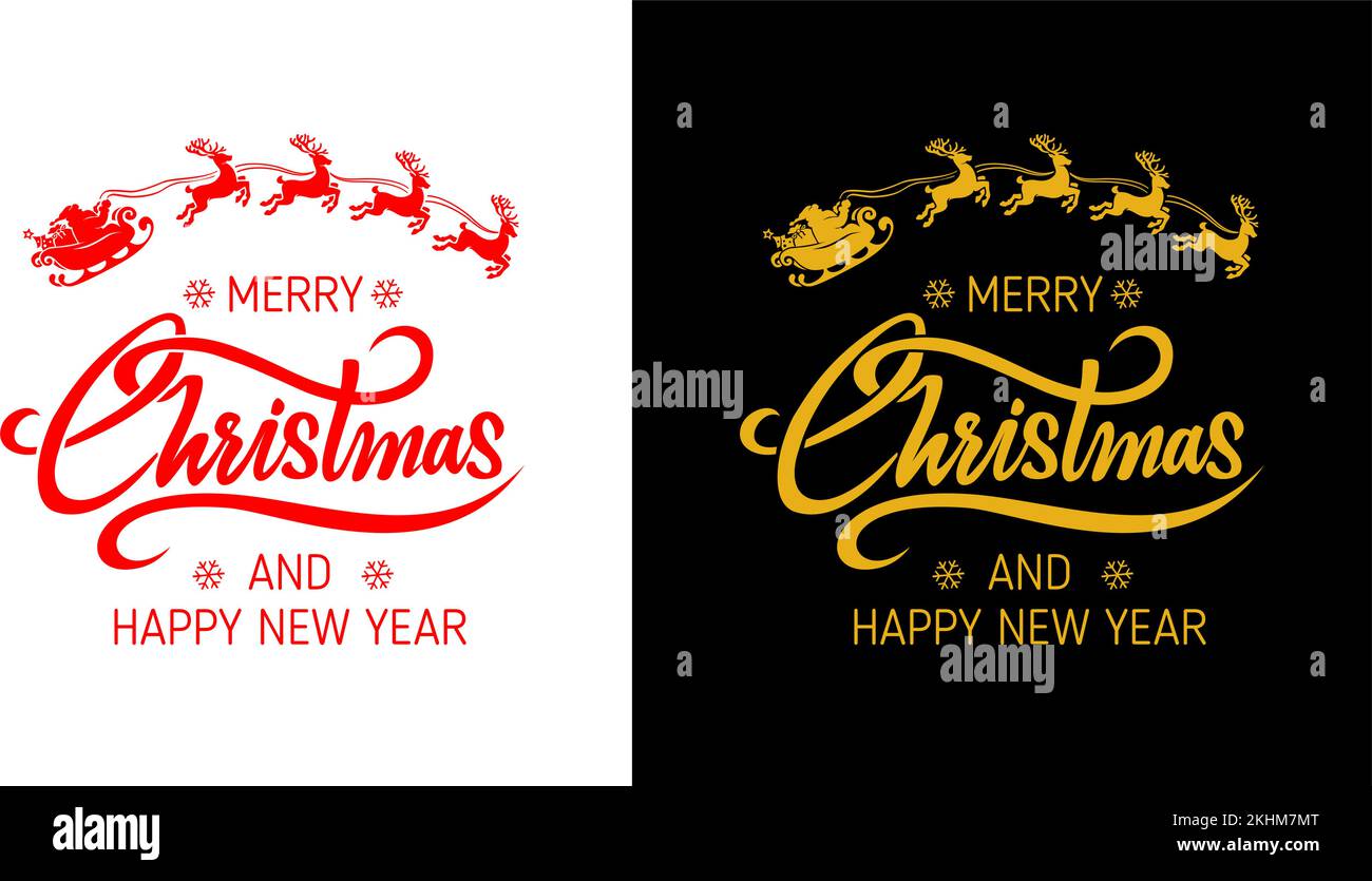 Christmas greeting card logo. Vector template with Santa Claus in sleigh with deer team. Stock Vector