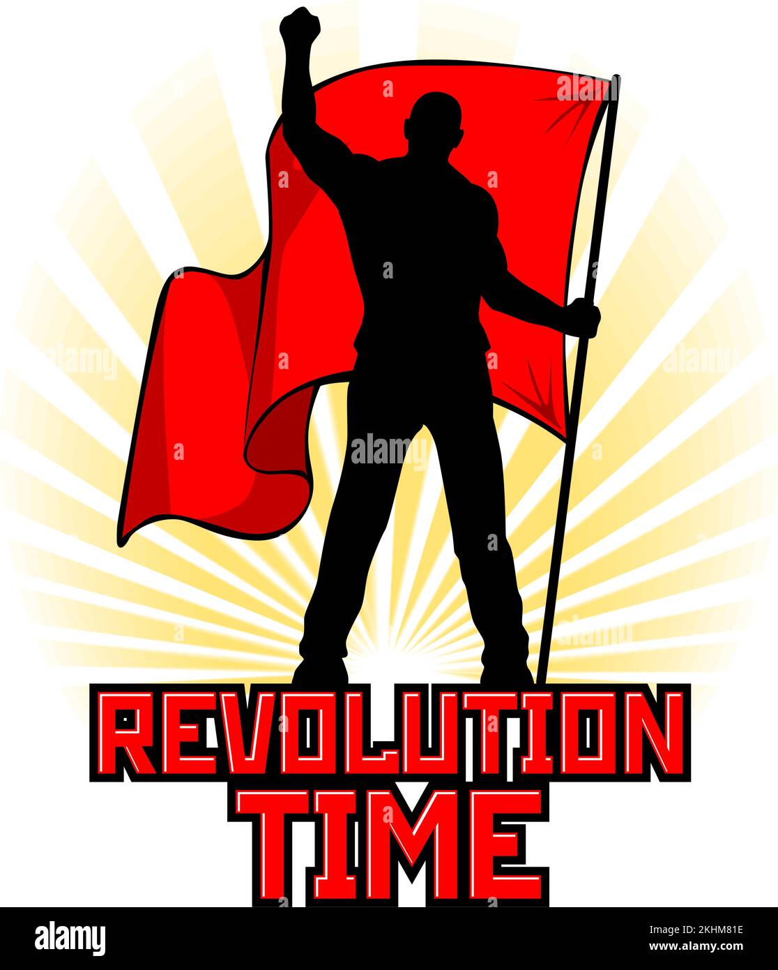 Man with red flag on sunrise backdrop. Silhouette of protesting rebel  holding banner of revolution. Vector propaganda poster on transparent backgroun Stock Vector