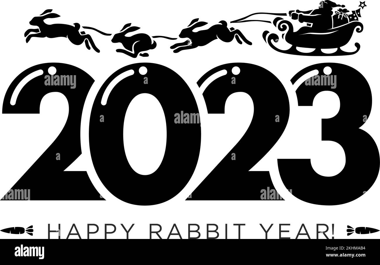 Santa Claus rides in a sleigh with gifts pulled by rabbits. 2023 Chinese new year, vector christmas decoration on transparent background Stock Vector