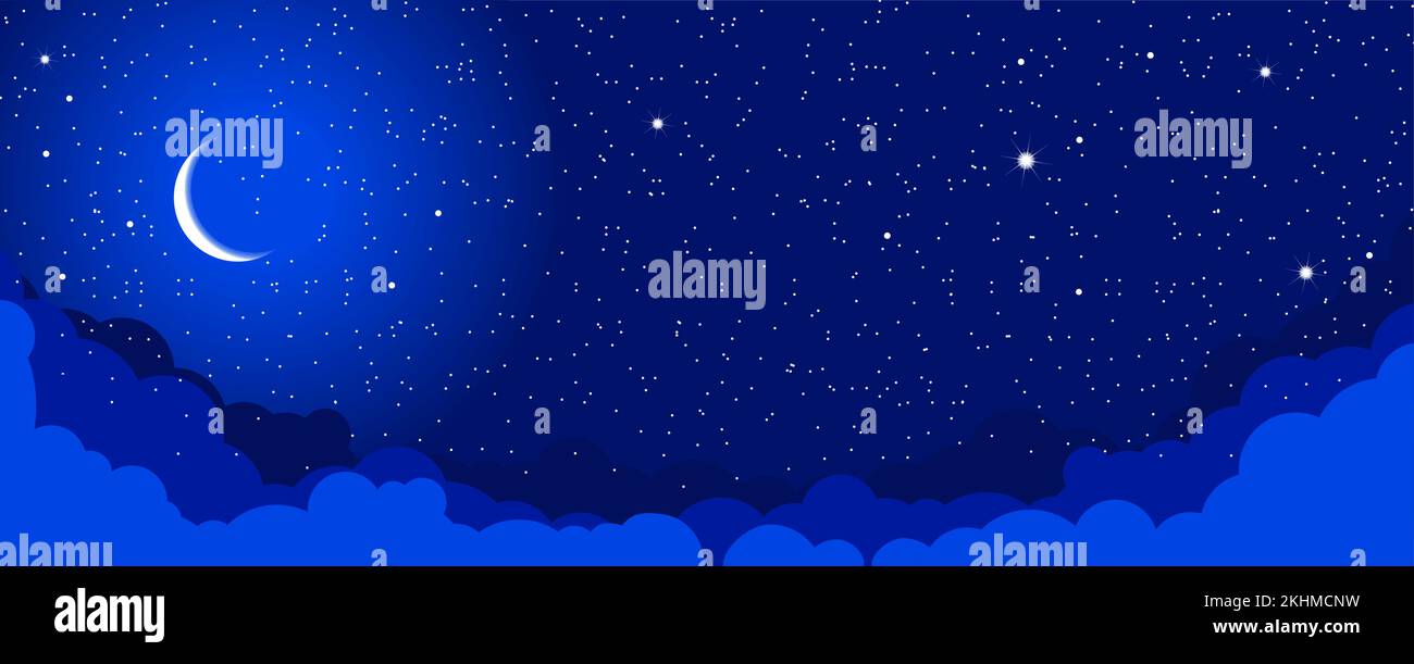 Starry night sky with clouds and crescent. Vector fantasy background Stock Vector