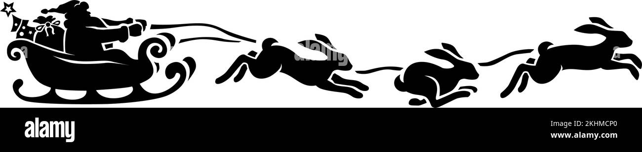 Silhouette of Santa Claus riding in a sleigh with rabbits. Vector on transparent background Stock Vector