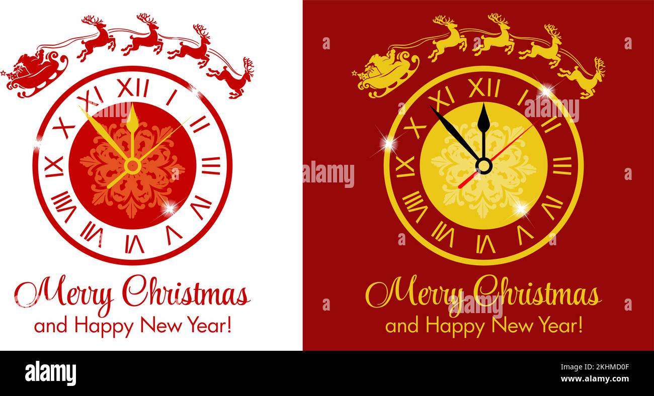 Christmas clock with Santa Claus. Vector template of cover design for your greetings card, calendar, invitation, brochure, poster on transparent and r Stock Vector
