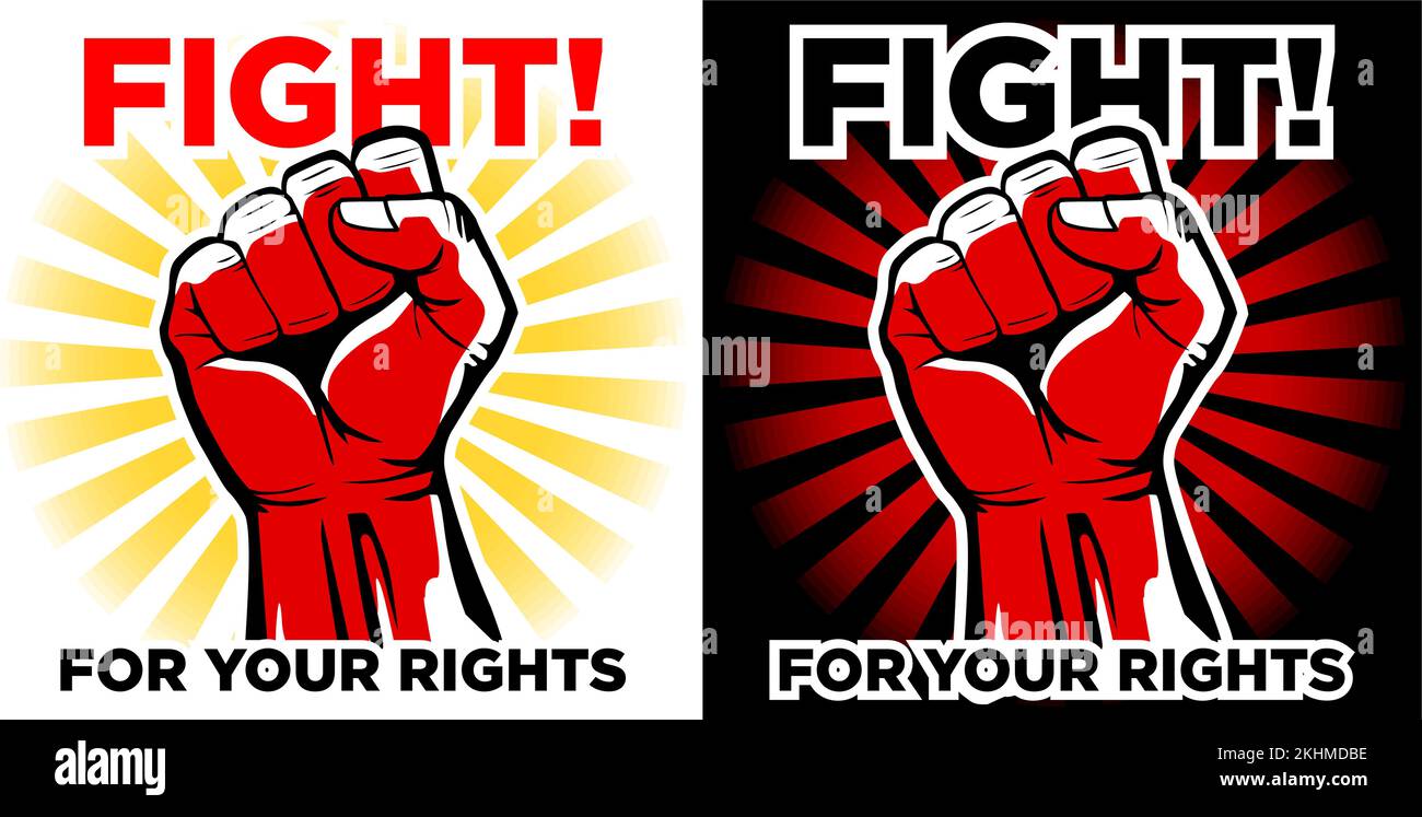 Silhouette of raised clenched protest fist against  backdrop of sun rays. Fight for your rights. Vector propaganda poster in retro style Stock Vector