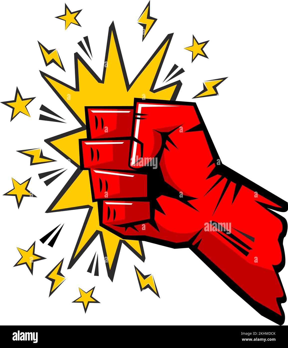 Crushing blow fist,  strong punch drawn in comic style. Fist punching, hit strong fist. Vector on transparent background Stock Vector