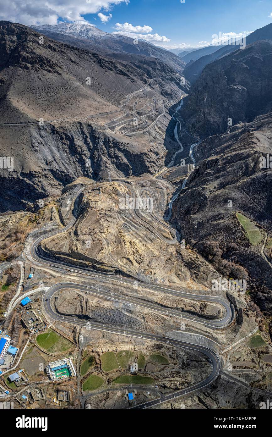 A landscape aerial view of Highways of Luozha Grand Canyon, Shannan City, Tibet, China Stock Photo