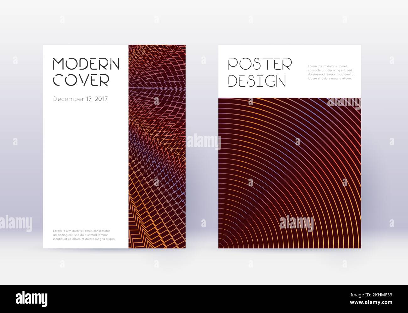 Minimal cover design template set. Orange abstract lines on wine red