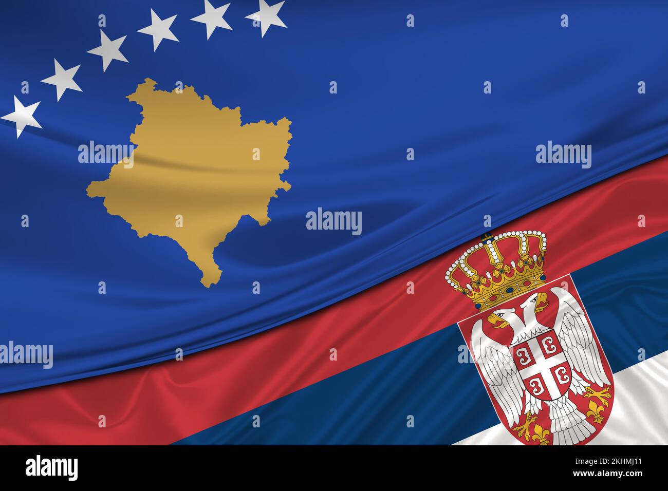 Flags of Serbia and Kosovo. International relationships. Stock Photo