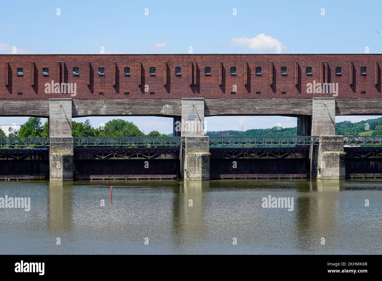 A dam with double lock and hydroelectric power station in the Danube near Maierhof in the city of Passau. The Kachlet, a section of the Danube off Pas Stock Photo