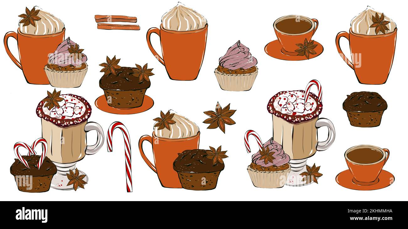 Set of coffee cups with coffee and sweet foam. Hand drawing