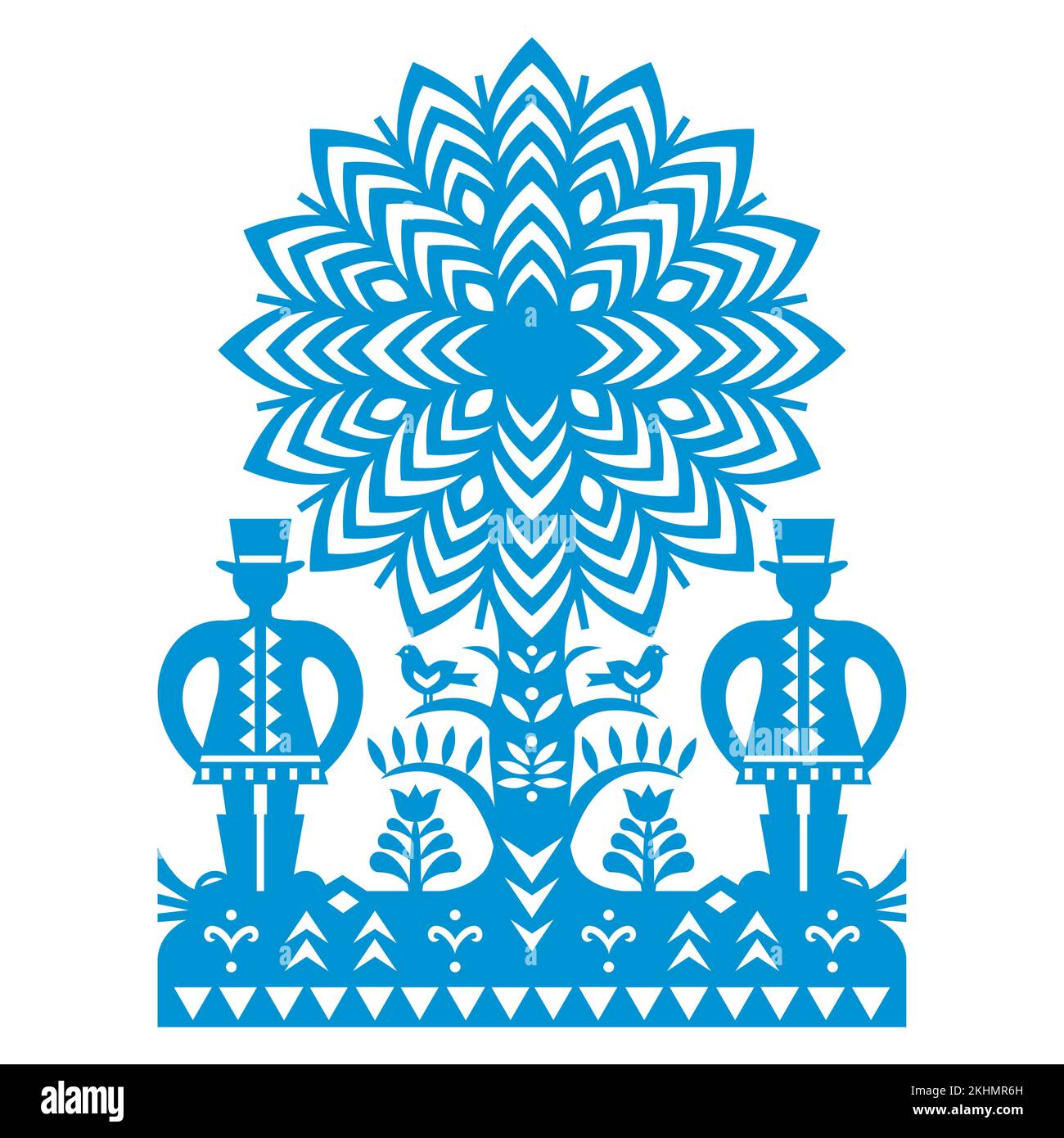 Polish folk art vector pattern Wycinanki Kurpiowskie with two men in hats, tree and birds - Kurpie paper cut outs design with rural scene Stock Vector