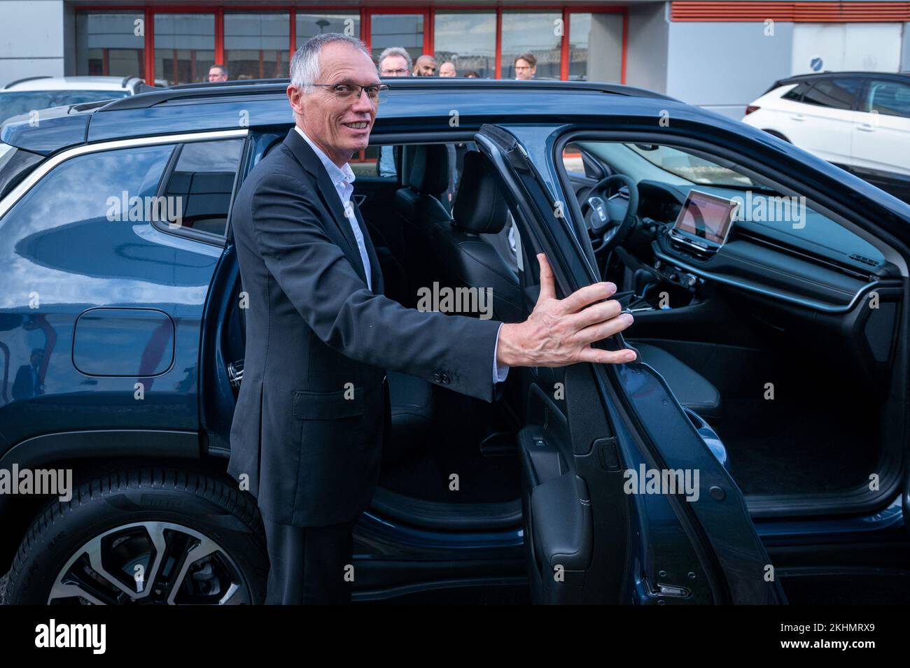 CEO of Stellantis Carlos Tavares arrives to a press conference at the Stellantis cars factory in Hordain, northern France on October 27, 2022. The Stellantis group, born from the merger of PSA and Fiat-Chrysler, will launch the mass production of hydrogen-powered commercial vehicles in its factory located in Hordain, northern France, the carmaker's CEO, Carlos Tavares, announced on October 27, 2022. Photo by Sarah Alcalay/ABACAPRESS.COM Stock Photo