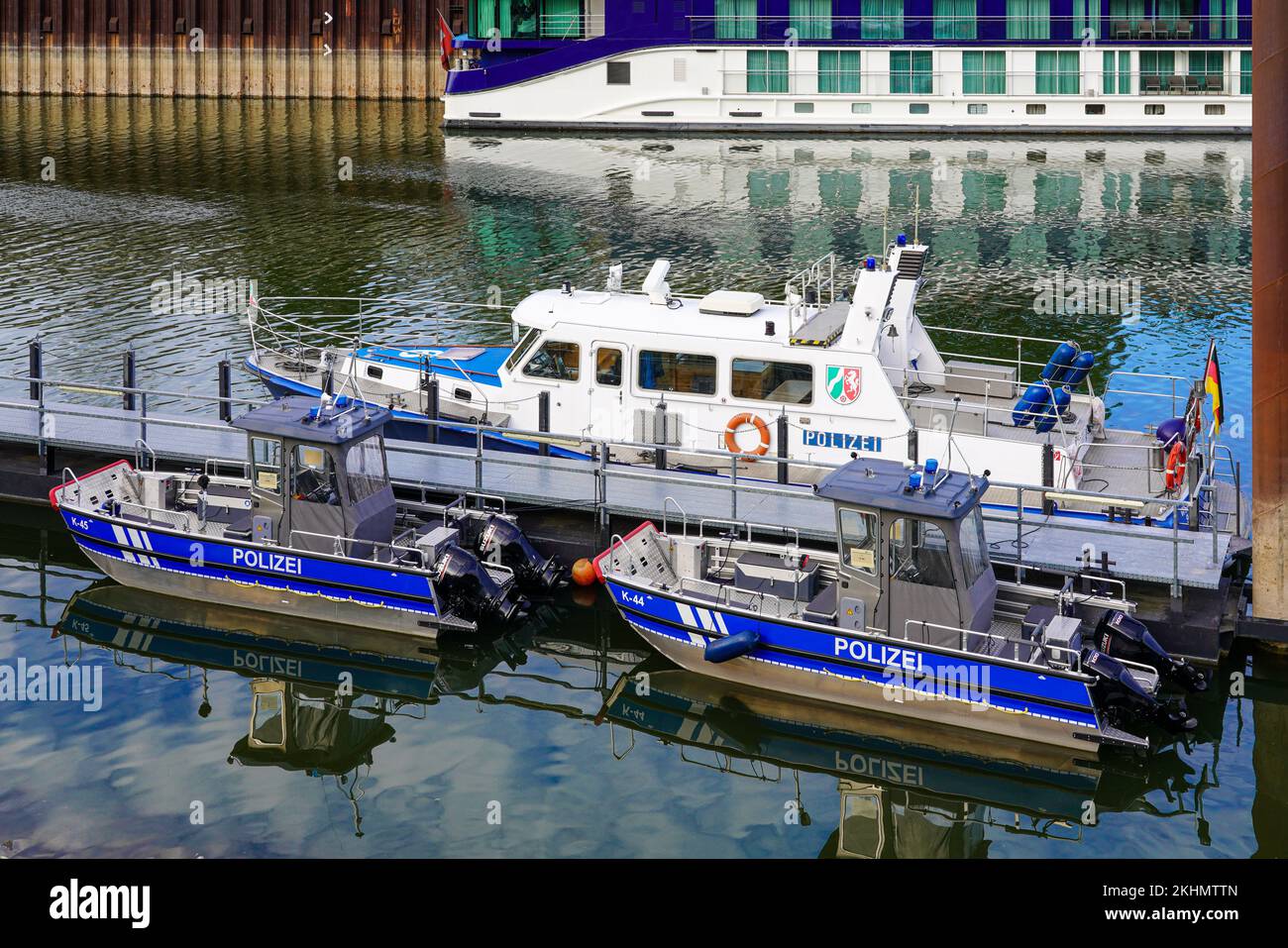 Boats of the water police in the port of Cologne Deutz. Stock Photo