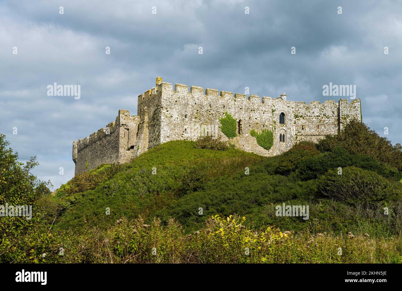 Manorbier Castle rising above the dunes at Manorbier on the South Pembrokeshire Coast, West Wales Stock Photo