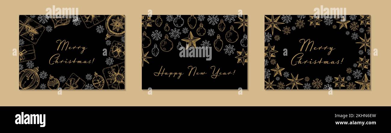 Set of Merry Christmas and Happy New Year horizontal greeting card with ...