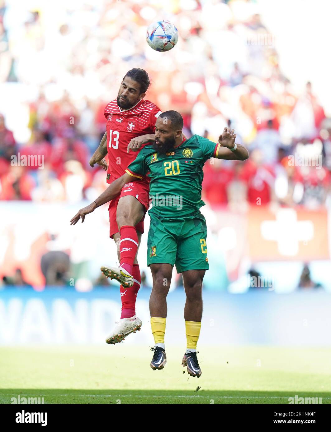 Switzerland's Ricardo Rodriguez (left) and Cameroon's Bryan Mbeumo battle for the ball during the FIFA World Cup Group G match at the Al Janoub Stadium, Al-Wakrah, Qatar. Picture date: Thursday November 24, 2022. Stock Photo