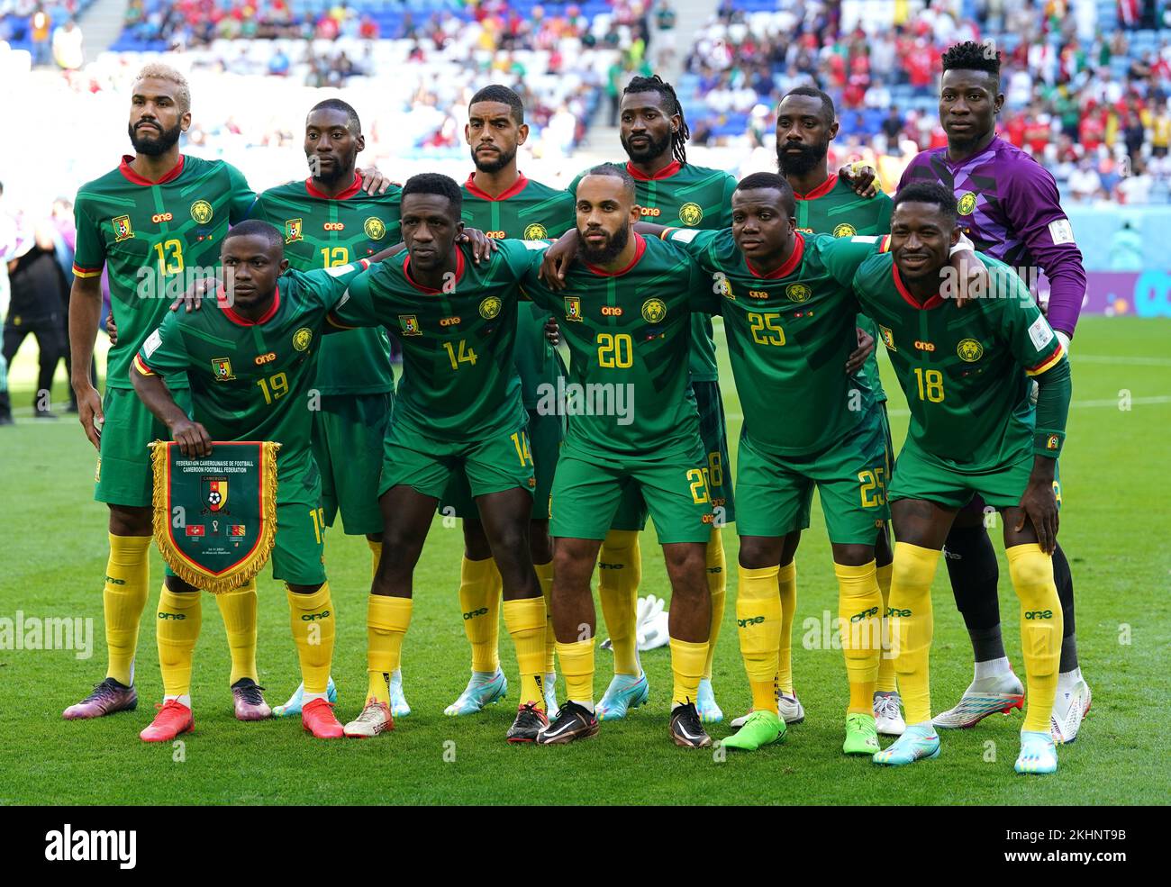 Cameroon line up for a team photo prior to the FIFA World Cup Group G match at the Al Janoub Stadium, Al-Wakrah, Qatar. Picture date: Thursday November 24, 2022. Stock Photo