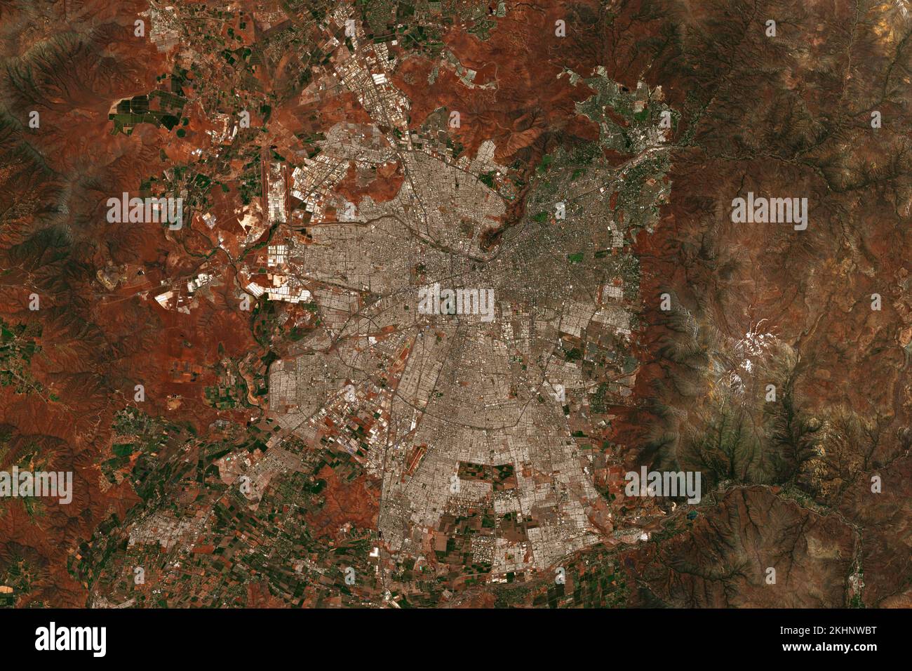 High resolution satellite image Santiago de Chile, the capital of Chile - contains modified Copernicus Sentinel Data (2022) Stock Photo