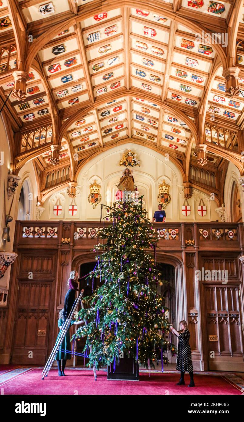 windsor, Berkshire, UK  24 November 2022  Windsor Castle unveiled the Christmas decorations with a 20-foot-high Nordmann Fir tree standing at the end of St George's Hall, felled from nearby Windsor Great Park and dressed with hundreds of iridescent ornaments. Credit: Paul Quezada-Neiman/Alamy Live News Stock Photo