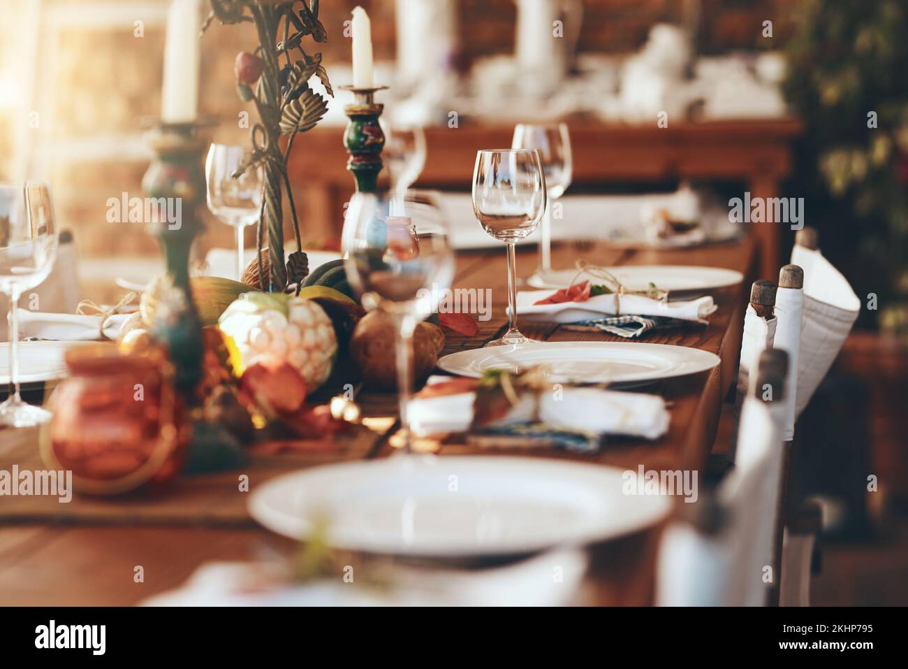 Table setting, fine dining and celebration of Christmas dinner on a