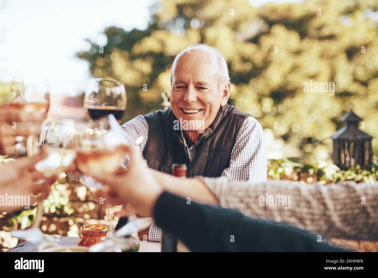 Wine, cheers and grandpa in christmas toast with family for holiday celebration together with food and friends in garden. Hands, wine glasses and Stock Photo