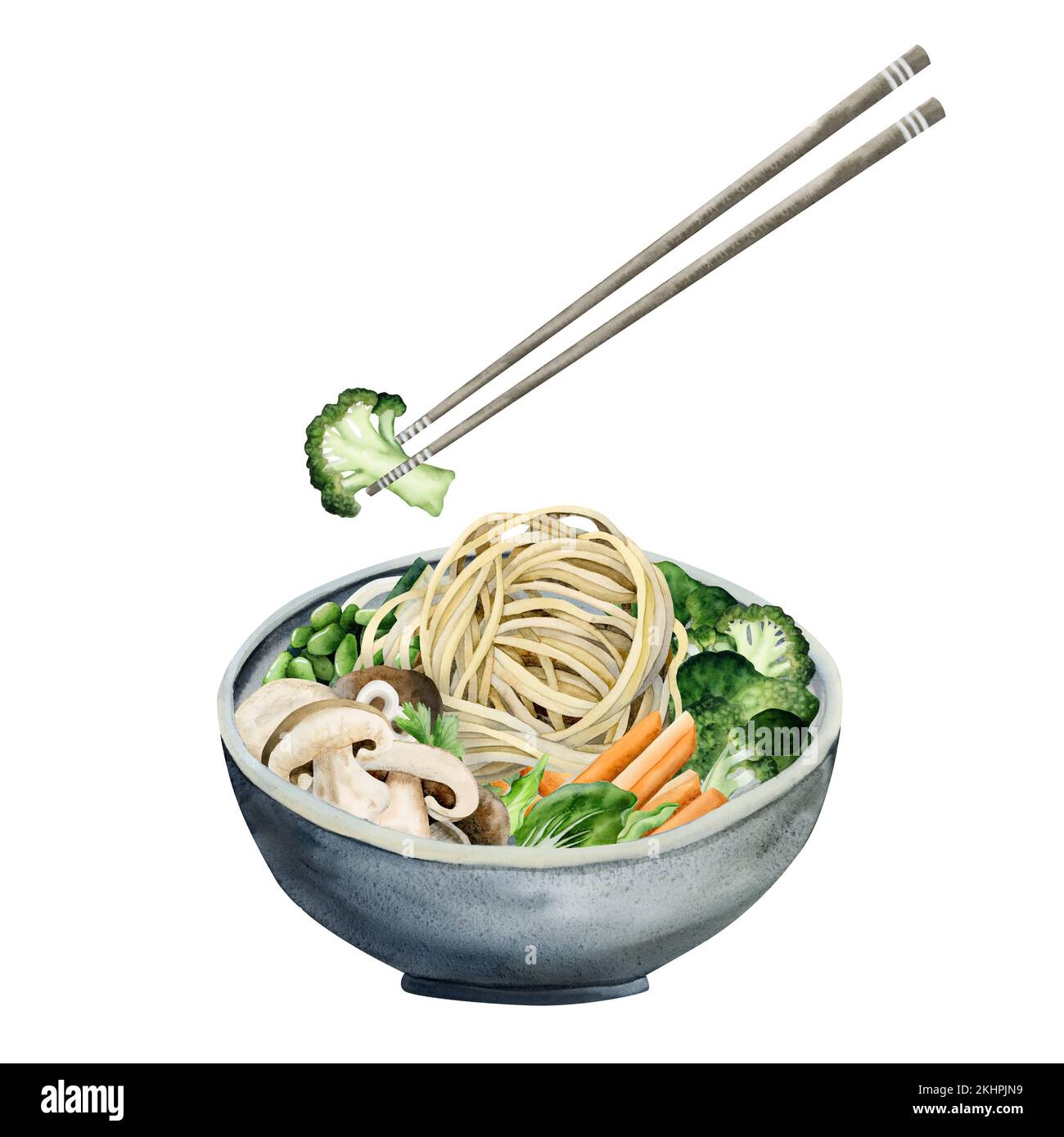 Bowl with Chinese noodles and vegetables watercolor illustration. Food chopsticks with Asian meal, broccoli, mushrooms, carrot, beans Stock Photo