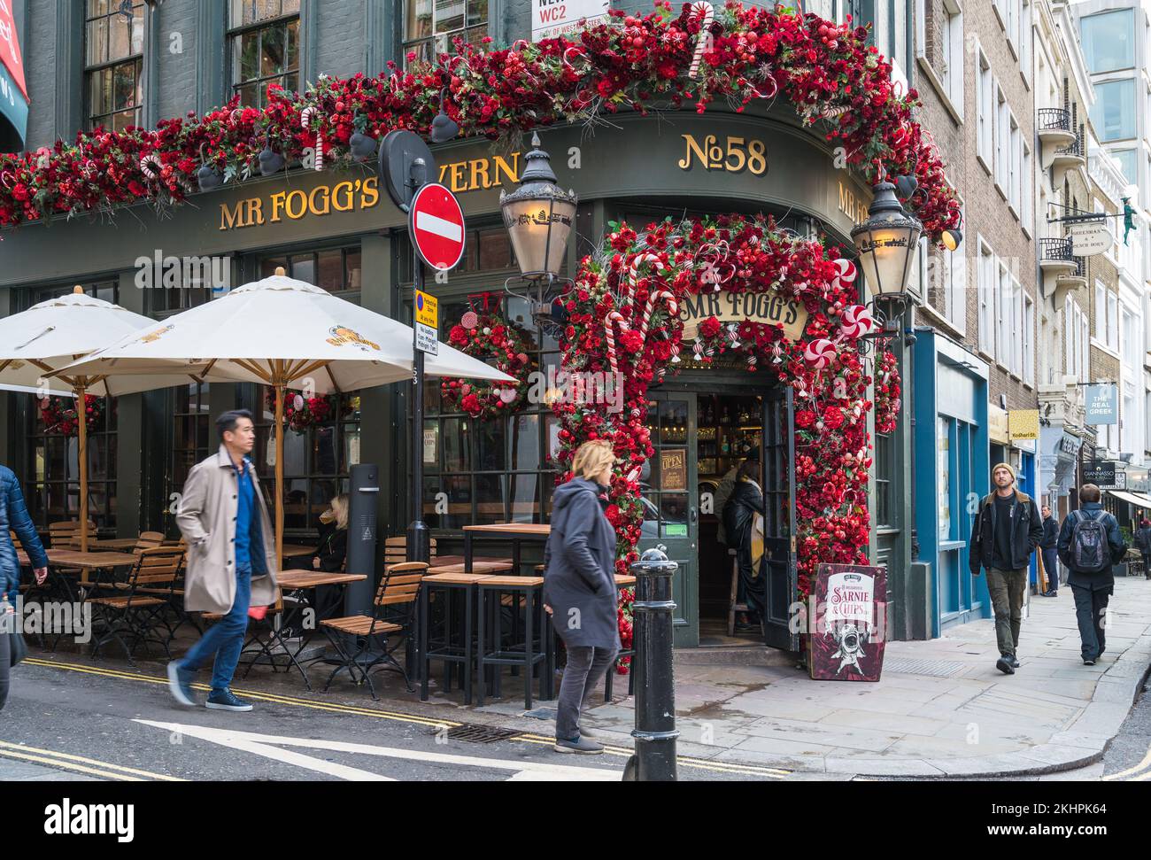 Colourful Christmas garlands decorate the front of Mr Fogg's Tavern on