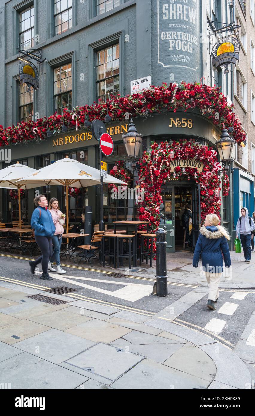 Colourful Christmas garlands decorate the front of Mr Fogg's Tavern on