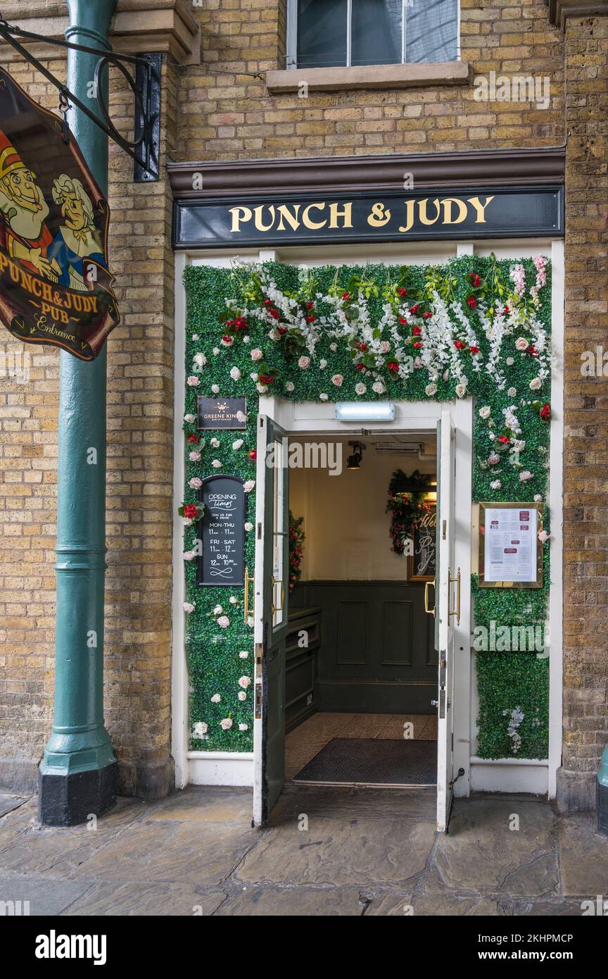 Pub sign and entrance to the Punch & Judy pub in Covent Garden Market