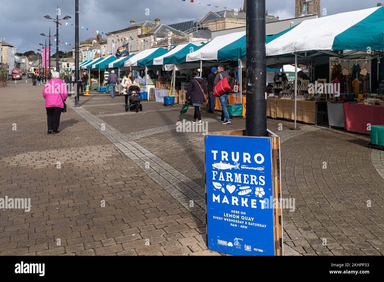 Truro weekly Farmers Market on Lemon Quay In Truro City centre in Cornwall in the UK. Stock Photo