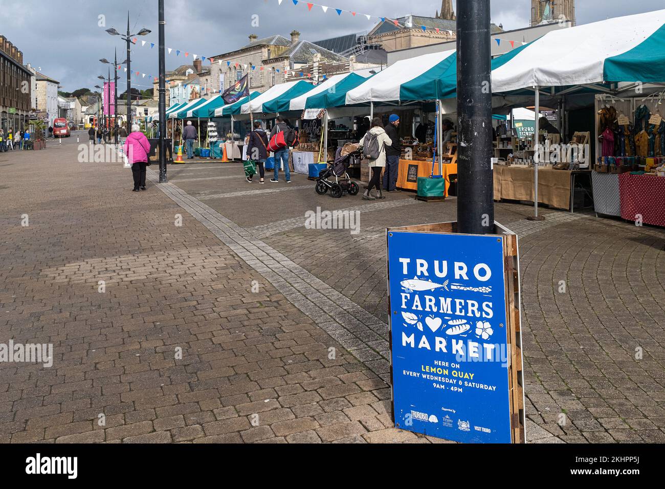 Truro weekly Farmers Market on Lemon Quay In Truro City centre in Cornwall in the UK. Stock Photo