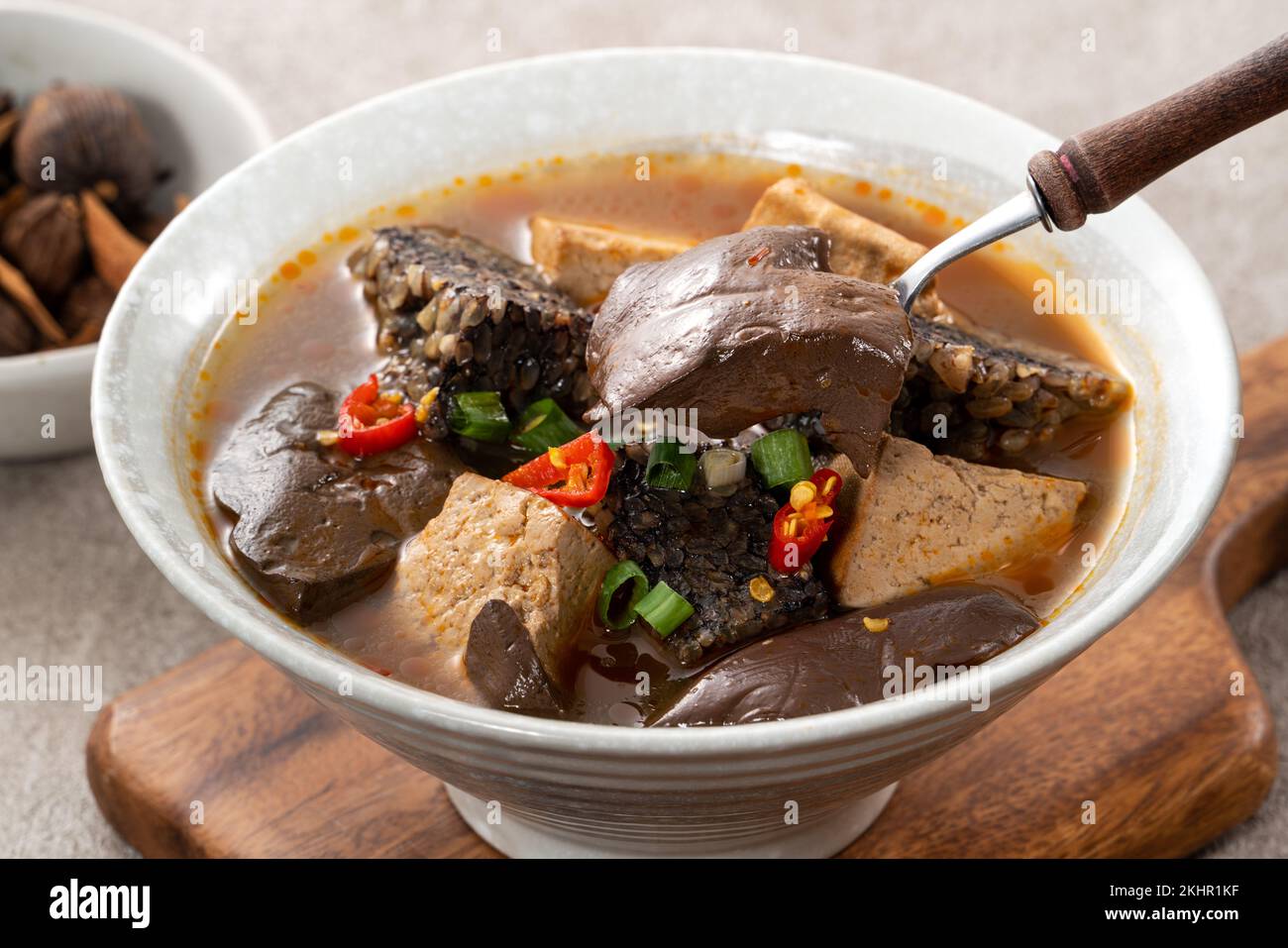 Delicious spicy duck blood jelly soup bowl and stinky tofu with