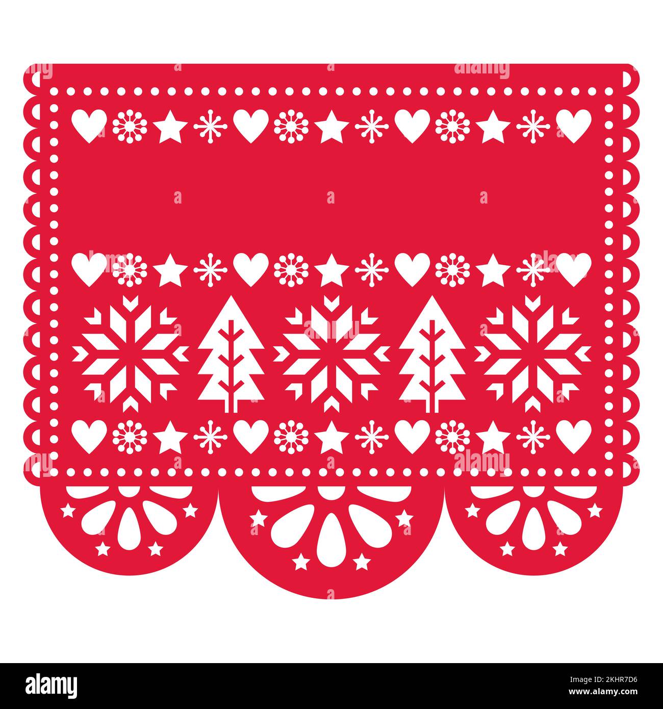 Christmas Papel Picado vector template design with snowflakes, Xmas trees and empty space for greetings text in red on white Stock Vector