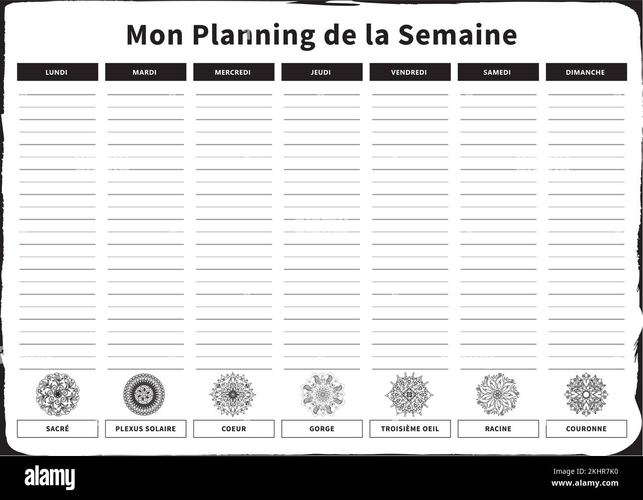 Weekly Planner with 7 Days and corresponding Chakras in Black and White French Stock Vector