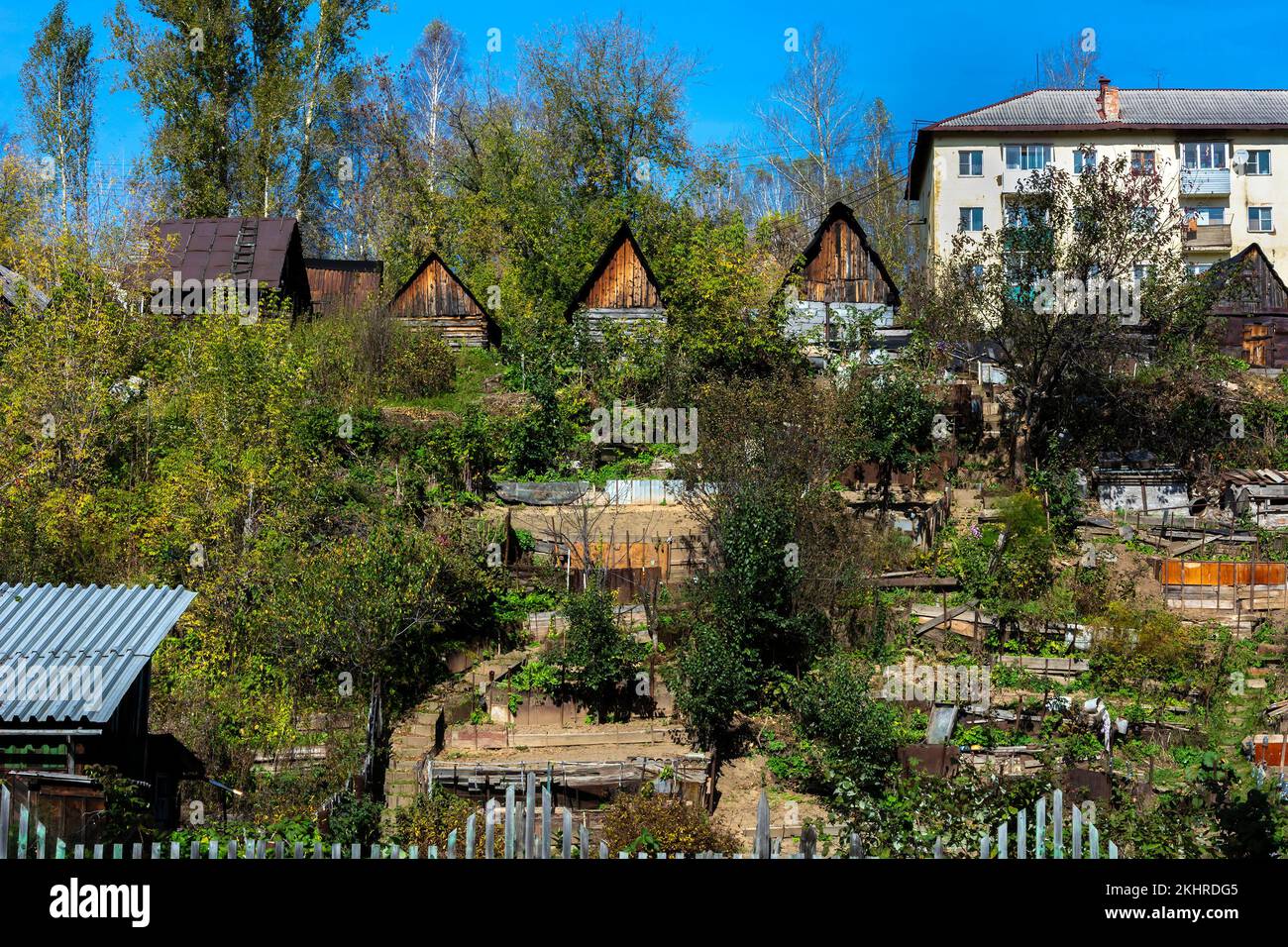 Private garden plots on the outskirts of the village of Mundybash, Gornaya Shoria, Kemerovo region-Kuzbass Stock Photo