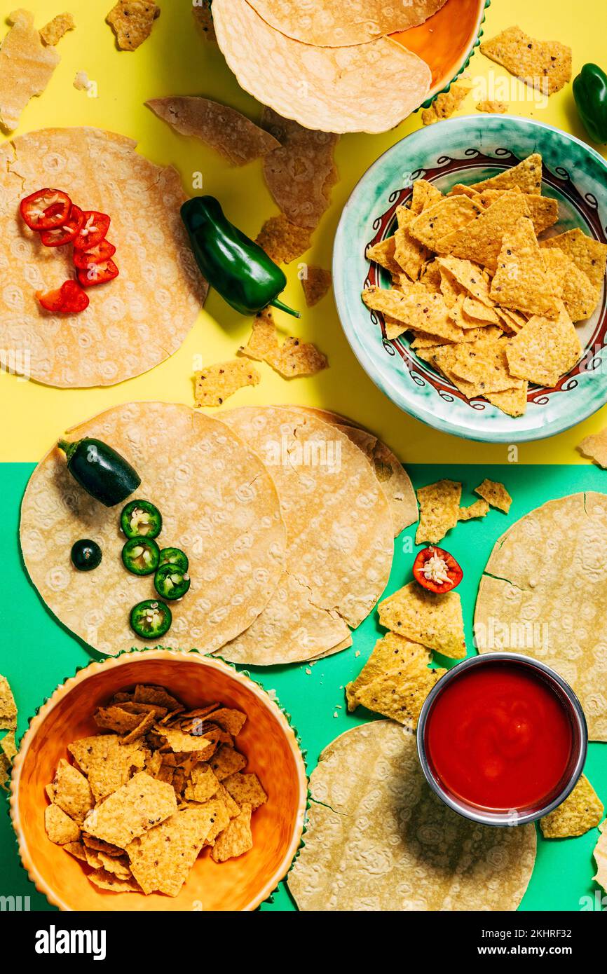 Colorful Tex Mex food. Mexican food with tortilla chips. Jalapenos hot