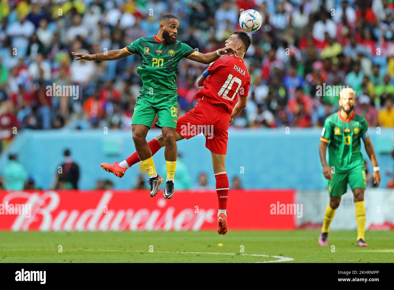 Doha, Qatar. 24th Nov, 2022. Granit Xhaka of Switzerland disputes the bid with Bryan Mbeumo of Cameroon, during the match between Switzerland and Cameroon, for the 1st round of Group G of the FIFA World Cup Qatar 2022, Al Janoub Stadium this Thursday 24. 30761 (Heuler Andrey/SPP) Credit: SPP Sport Press Photo. /Alamy Live News Stock Photo