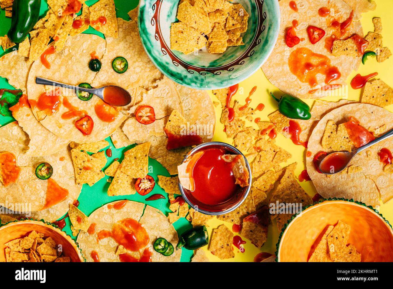 Top view of Mexican food, Tex Mex food with drops and stains of sauce