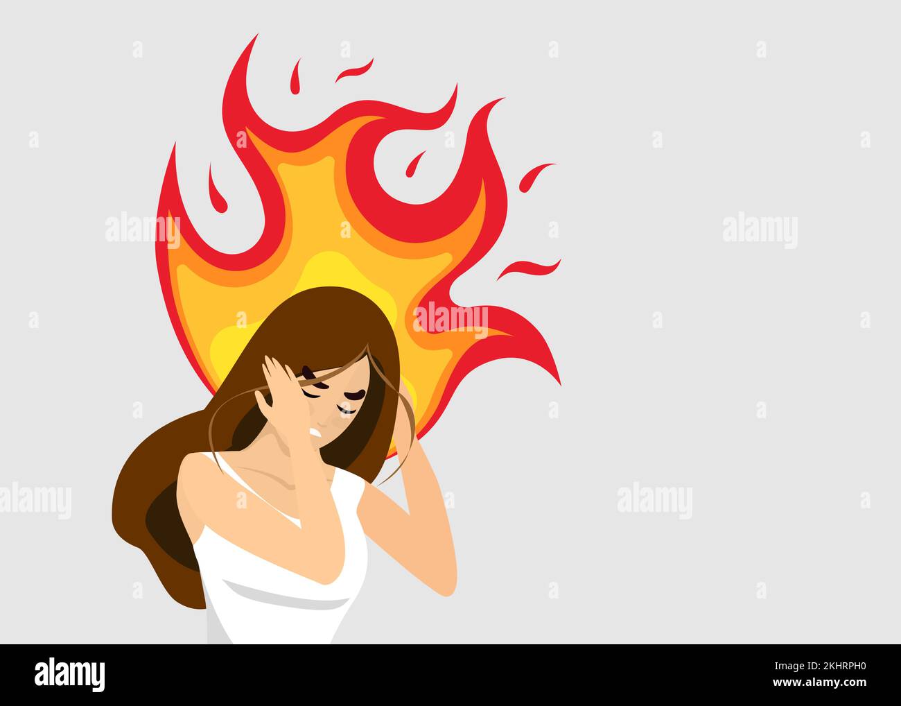 Angry woman with head on fire. Stressed furious businesswoman with