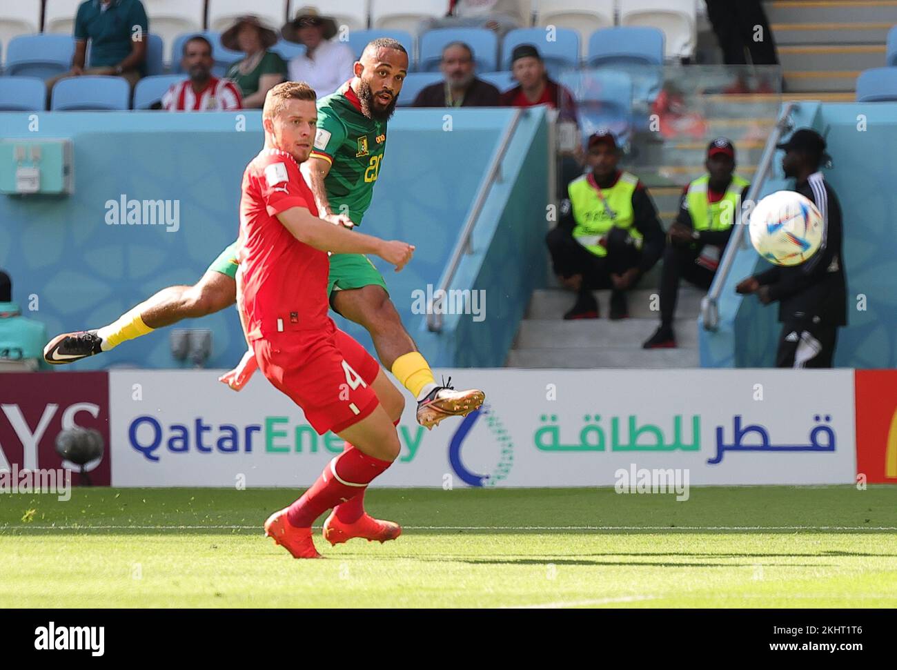 Al Wakrah, Qatar. 24th Nov, 2022. Bryan Mbeumo (R) of Cameroon vies with Nico Elvedi of Switzerland during the Group G match between Switzerland and Cameroon at the 2022 FIFA World Cup at Al Janoub Stadium in Al Wakrah, Qatar, Nov. 24, 2022. Credit: Wang Dongzhen/Xinhua/Alamy Live News Stock Photo