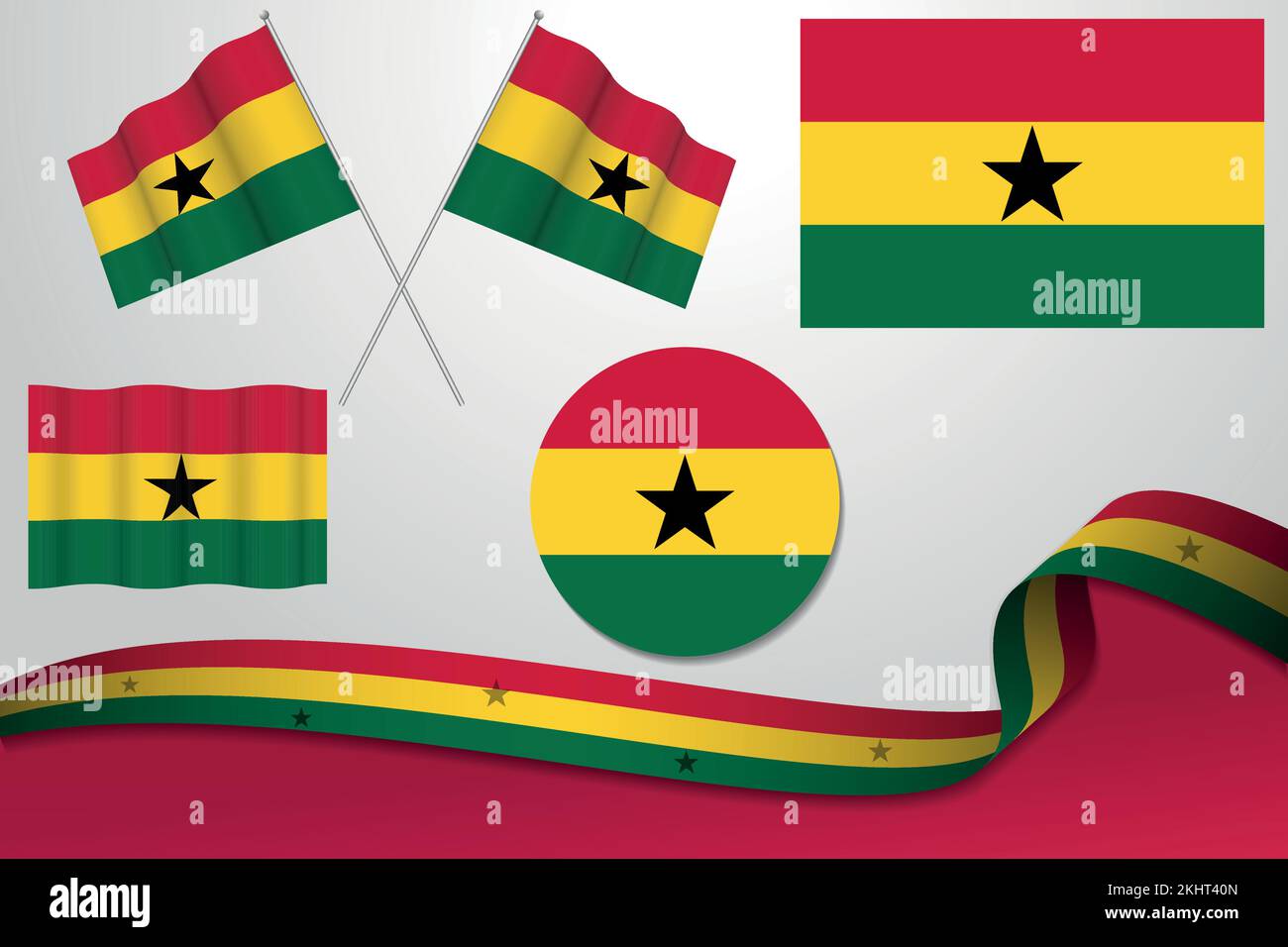 A set of Ghana flags in different designs, icon, flaying flags and