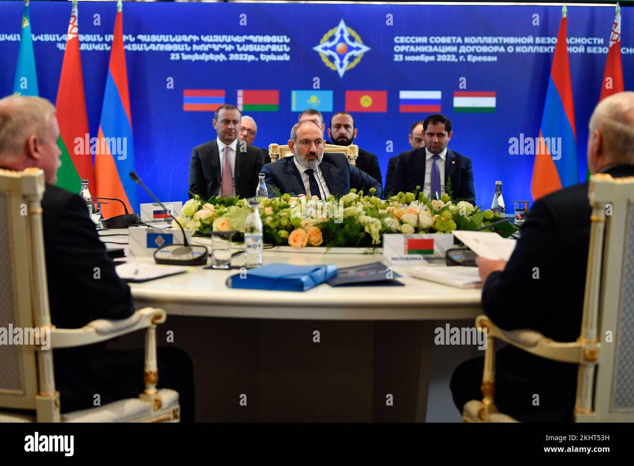 (221124) -- YEREVAN, Nov. 24, 2022 (Xinhua) -- A meeting of the Collective Security Council, the highest body of the Collective Security Treaty Organization (CSTO), is held in Yerevan, Armenia, Nov. 23, 2022.  Leaders of the six member countries of the CSTO on Wednesday exchanged views here on strengthening security cooperation and stabilizing the region, reported the state-run news agency Armenpress. (Photo by Asatur Yesayants/Xinhua) Stock Photo