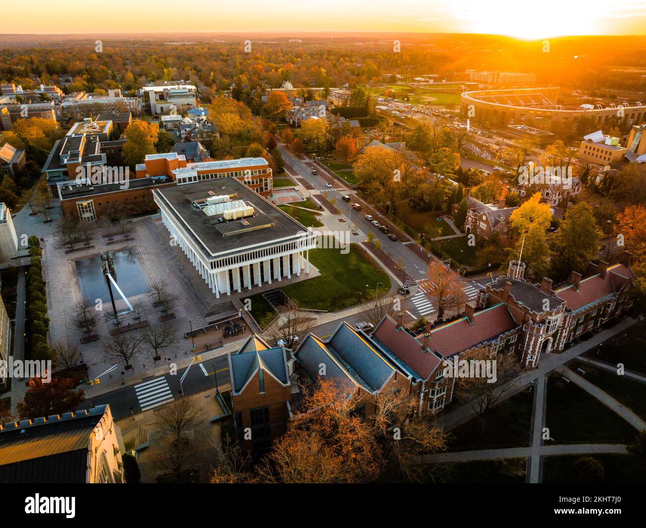 A drone view of golden sunrise over Princeton New Jersey. Cityscape ...