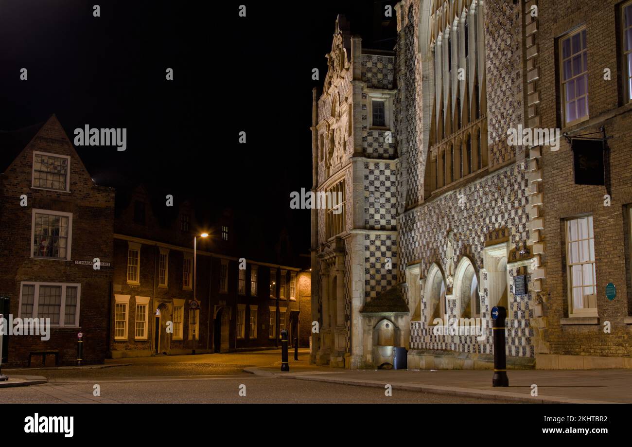 Saint Margarets Place, View Down Nelson Street, Town Hall, Guildhall At Night, King's Lynn, UK Stock Photo