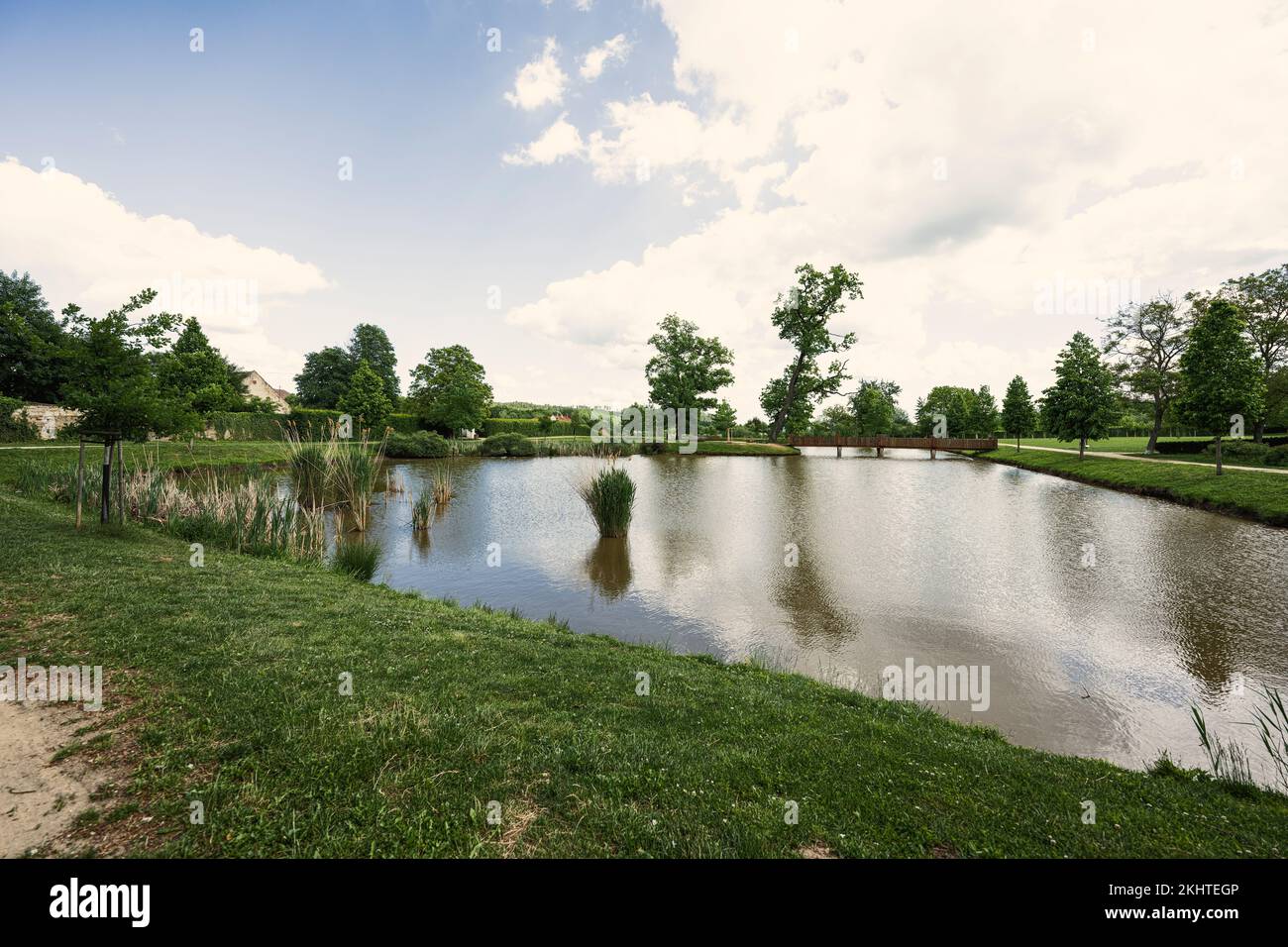 Pond in Panska Garden under the castle Kunstat in Moravia, Czech Republic. Stock Photo