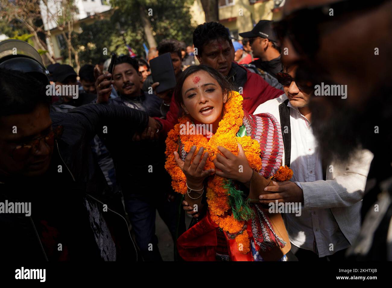 November 24, 2022, Kathmandu, NE, Nepal: Newly elected lawmaker Toshima Karki, representing the newly formed Rastriya Swatantra Party, is surrounded by her supporters in Kathmandu, on November 24, 2022. (Credit Image: © Aryan Dhimal/ZUMA Press Wire) Stock Photo