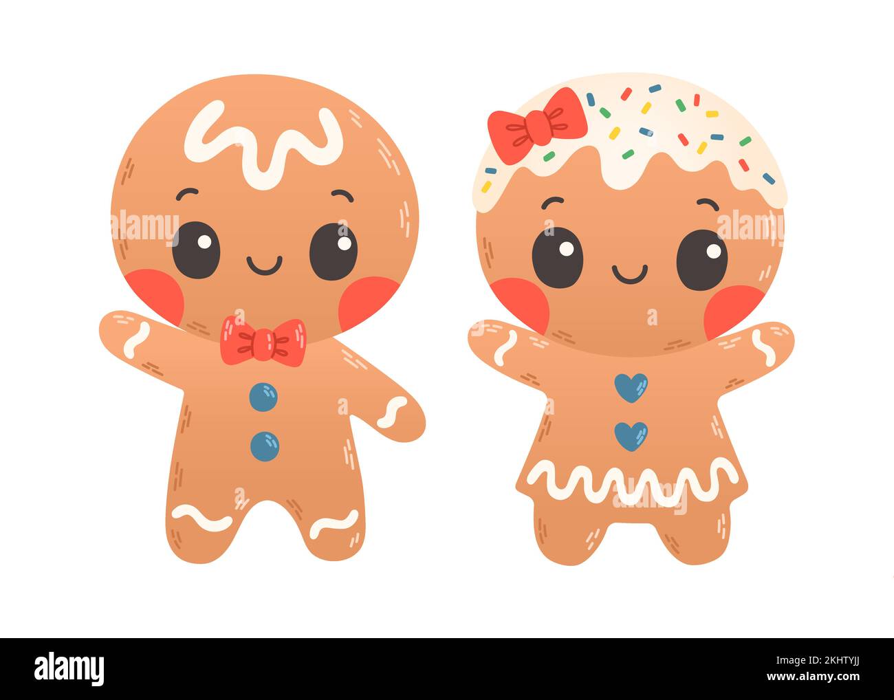 Holiday gingerbread man and woman cookie. Cookie in shape of man and woman with colored icing. Vector in flat style Stock Vector