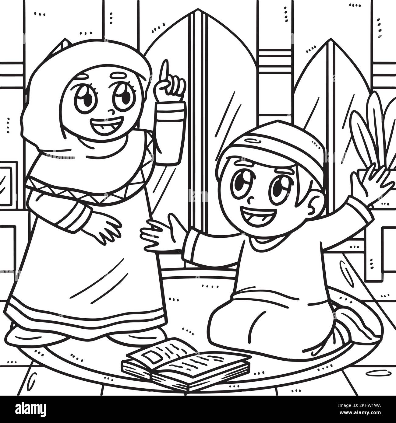 Ramadan Muslim Children Coloring Page for Kids Stock Vector