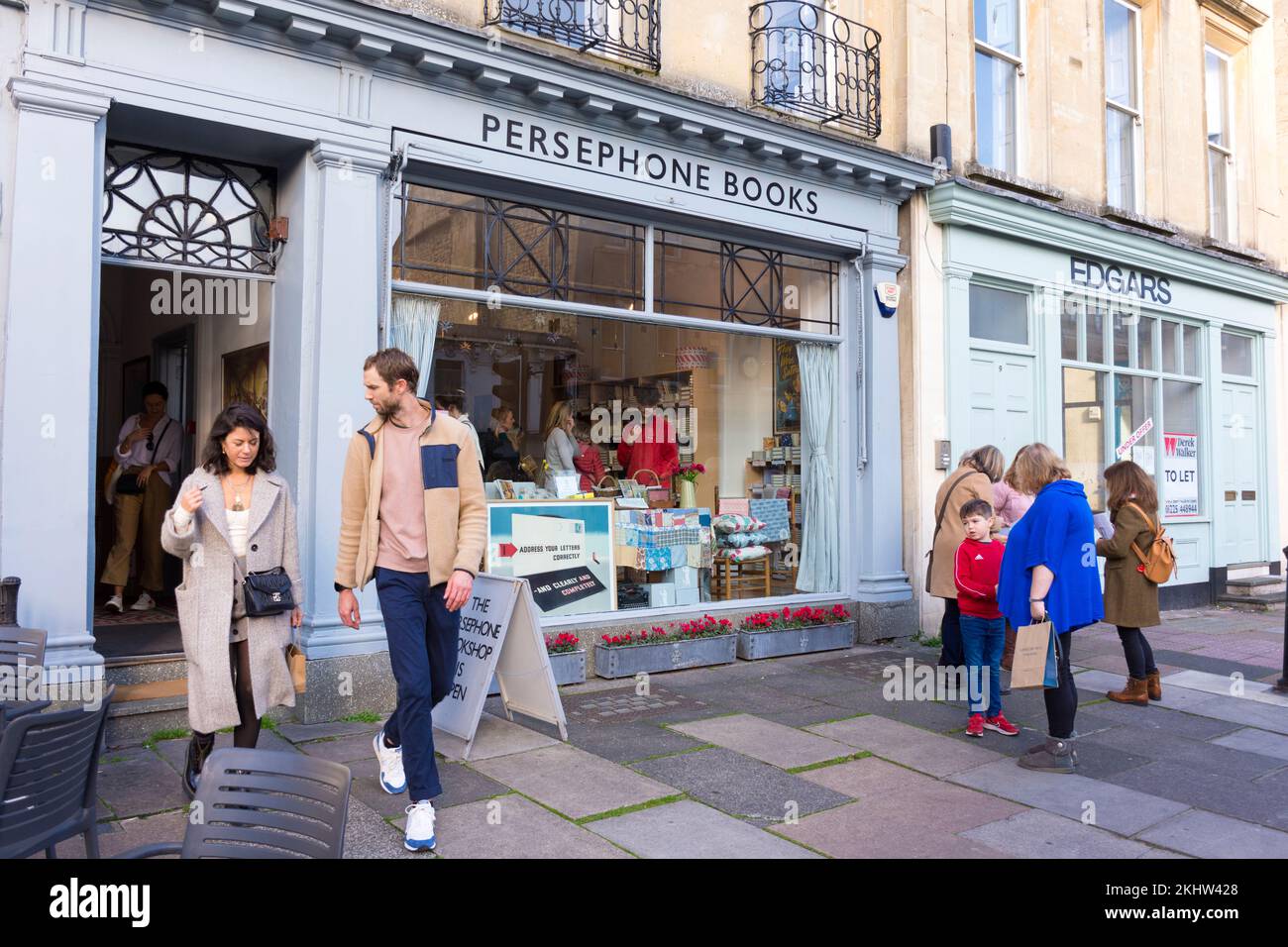 Looking through the window of Persephone Books in Bath Spa, Somerset, UK. This independent bookshop and publishing house for mainly women writers. Stock Photo
