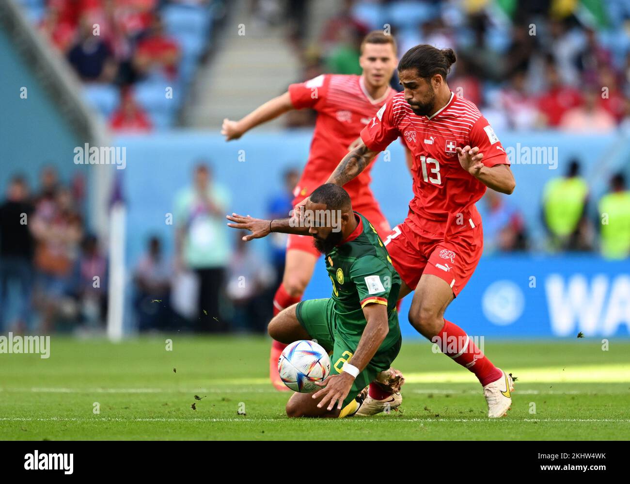 Al Wakrah, Qatar. 24th Nov, 2022. Bryan Mbeumo (L) of Cameroon vies with Ricardo Rodriguez (R) of Switzerland during the Group G match between Switzerland and Cameroon at the 2022 FIFA World Cup at Al Janoub Stadium in Al Wakrah, Qatar, Nov. 24, 2022. Credit: Xia Yifang/Xinhua/Alamy Live News Stock Photo