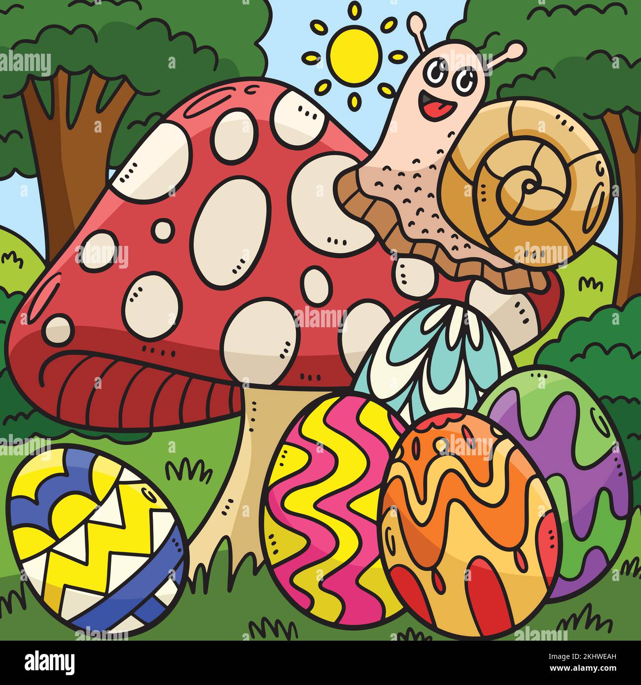 Snail on Mushroom with Easter Eggs Colored Stock Vector